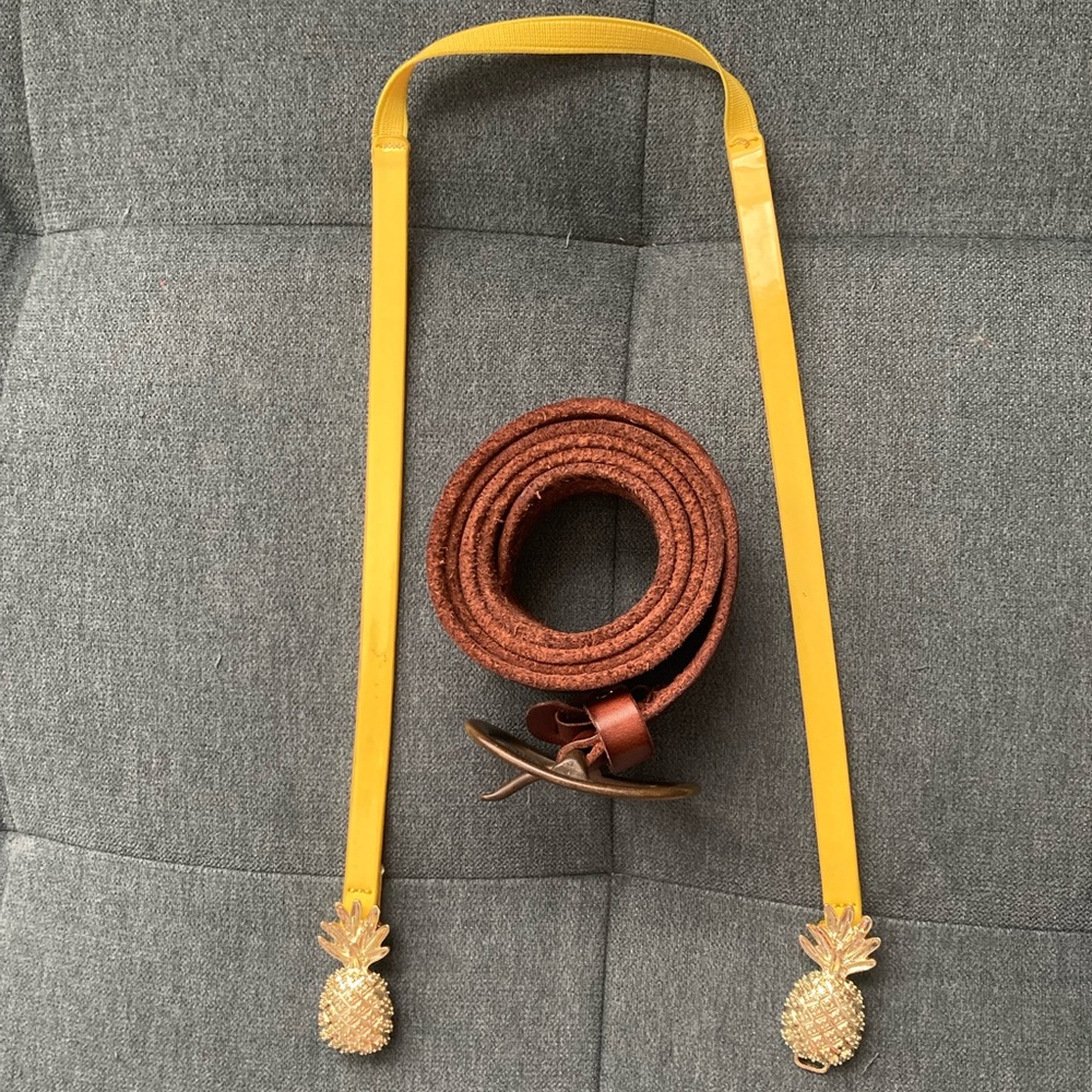 Set of 2 Belts: 1 Yellow w/ Pineapple Hook Closure & 1 Brown Trad Leather Belt